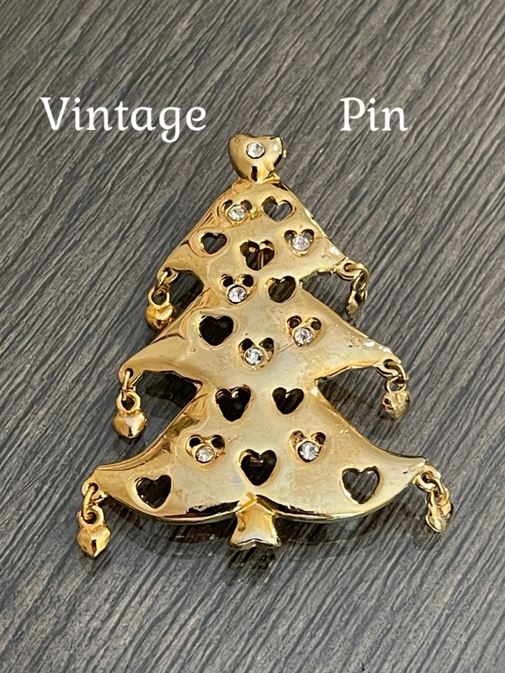 Vintage Gold-tone Christmas Tree Pin with Heart Cut Outs & Dangling Heart Charms